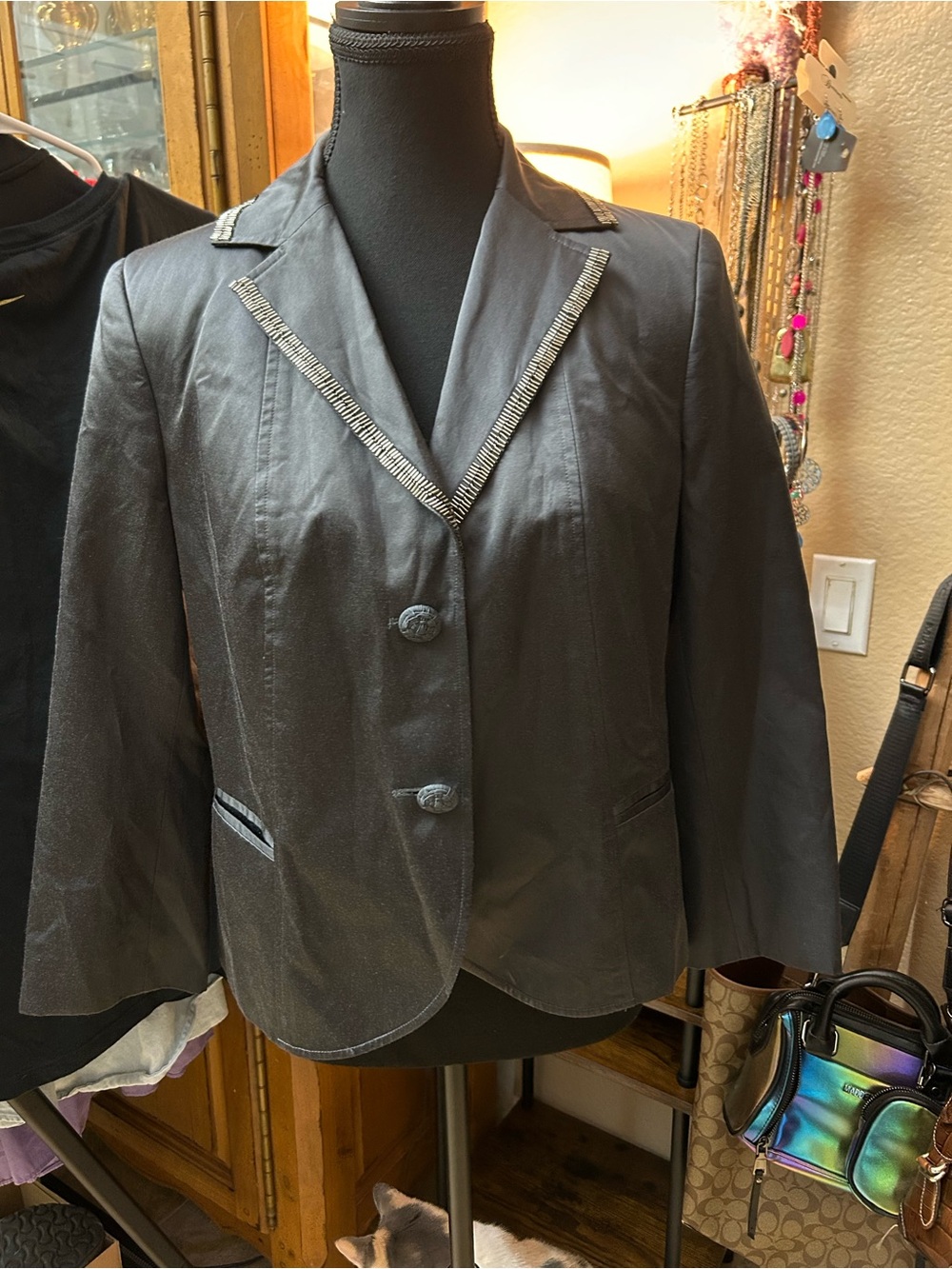 Sigrid Olsen Silk Black Blazer with Metallic Trim